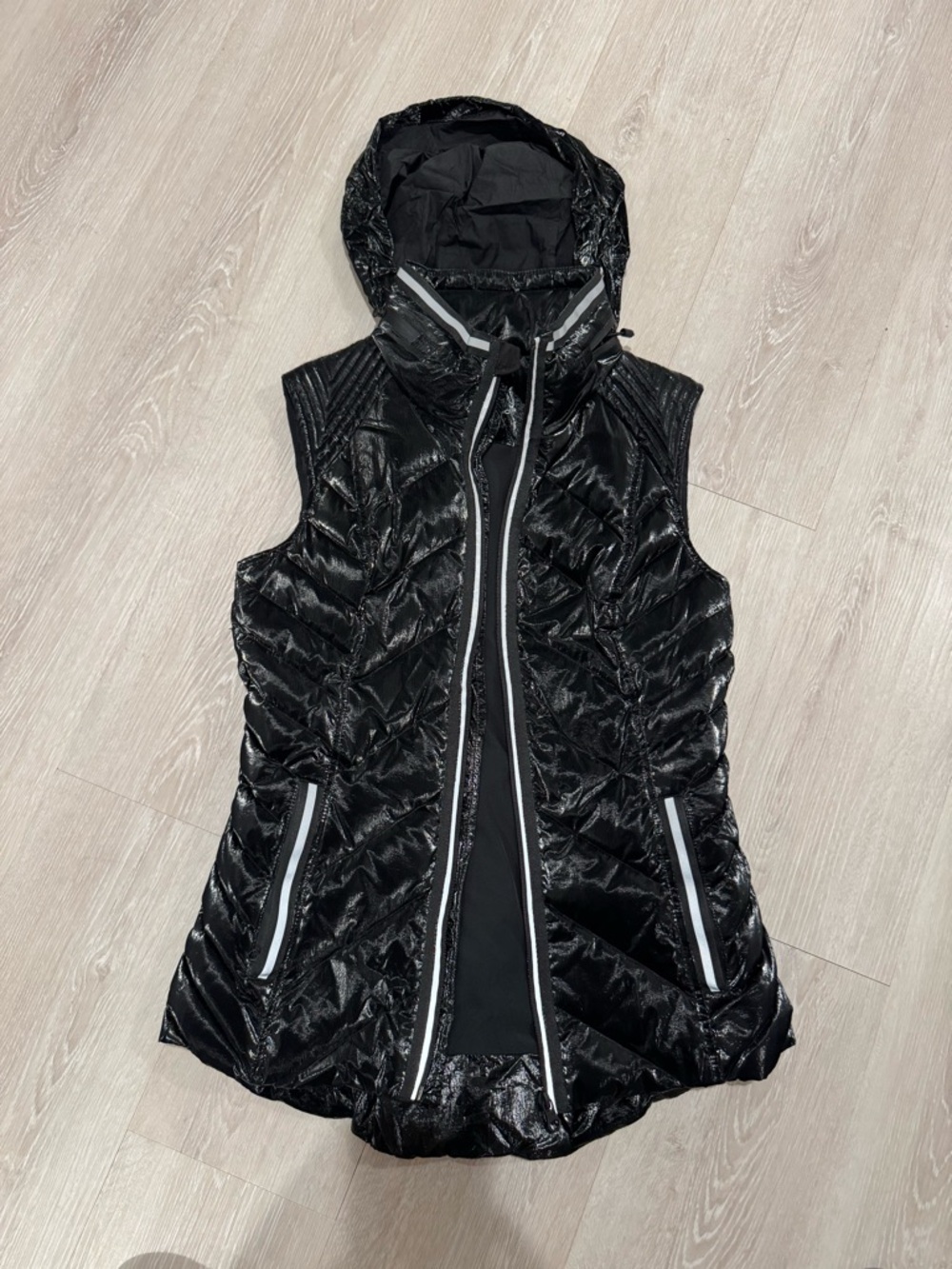 blanc noir Shiny Black Quilted Hooded Vest with Contrast Zippers